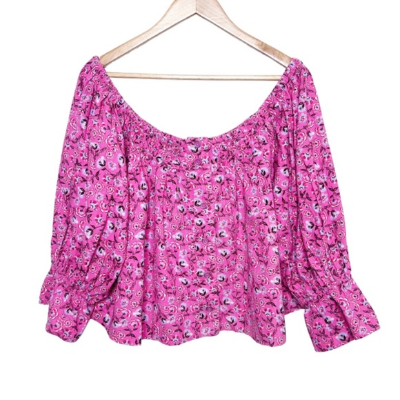 Free People Women's James Smock Pink Floral Quarter Sleeve Cropped Button Blouse - Picture 3 of 16